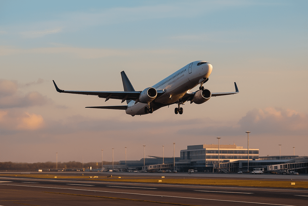 Airplane taking off from an airport, illustrating travel routes to Cheltenham Festival 2026