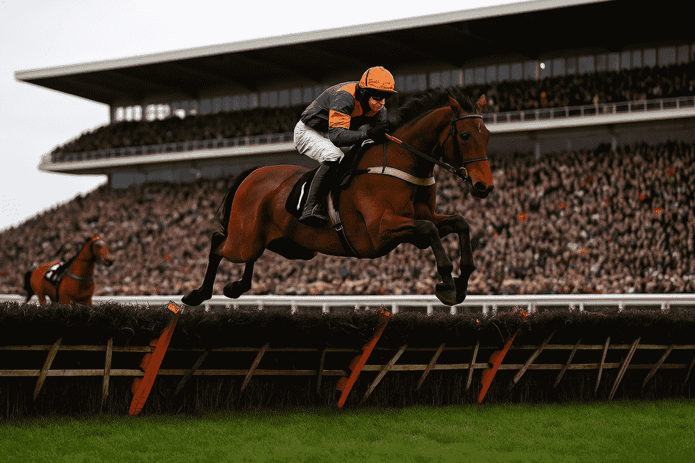Horse jumping a hurdle with a full grandstand in the background during a National Hunt race, reflecting the type of conditions analysed in the Venetia Williams trainer stats