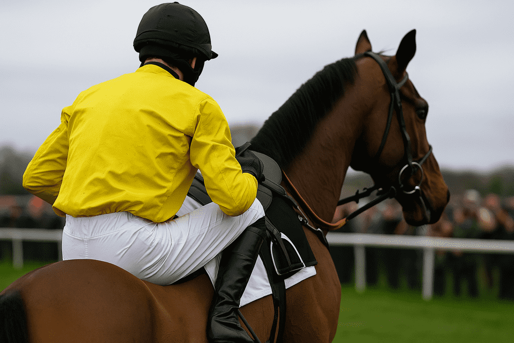 Jockey seen from behind preparing to mount a racehorse before a National Hunt race, fitting imagery for Venetia Williams’ winter stable tour