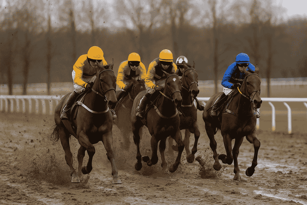Several horses racing on muddy ground during a National Hunt race, typical of the testing conditions where Venetia Williams trainer stats often stand out