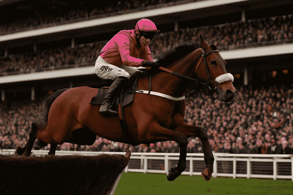 Horse jumping a hurdle in front of a packed grandstand during a National Hunt race, reflecting the conditions analysed in the Venetia Williams trainer stats