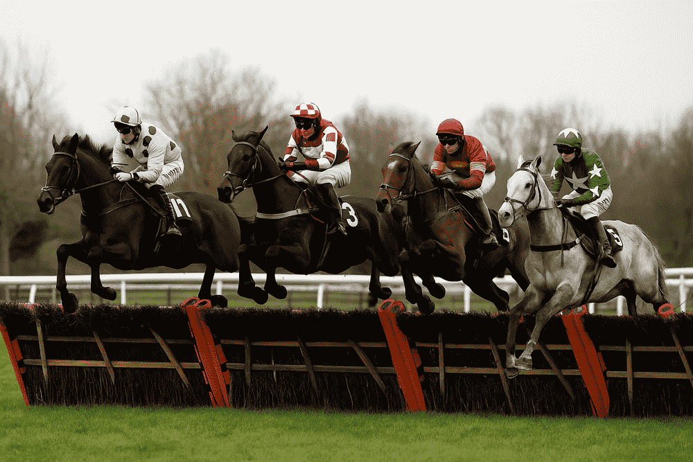 Horses jumping a hurdle during a National Hunt race, reflecting the type of tracks where Venetia Williams trainer stats perform best