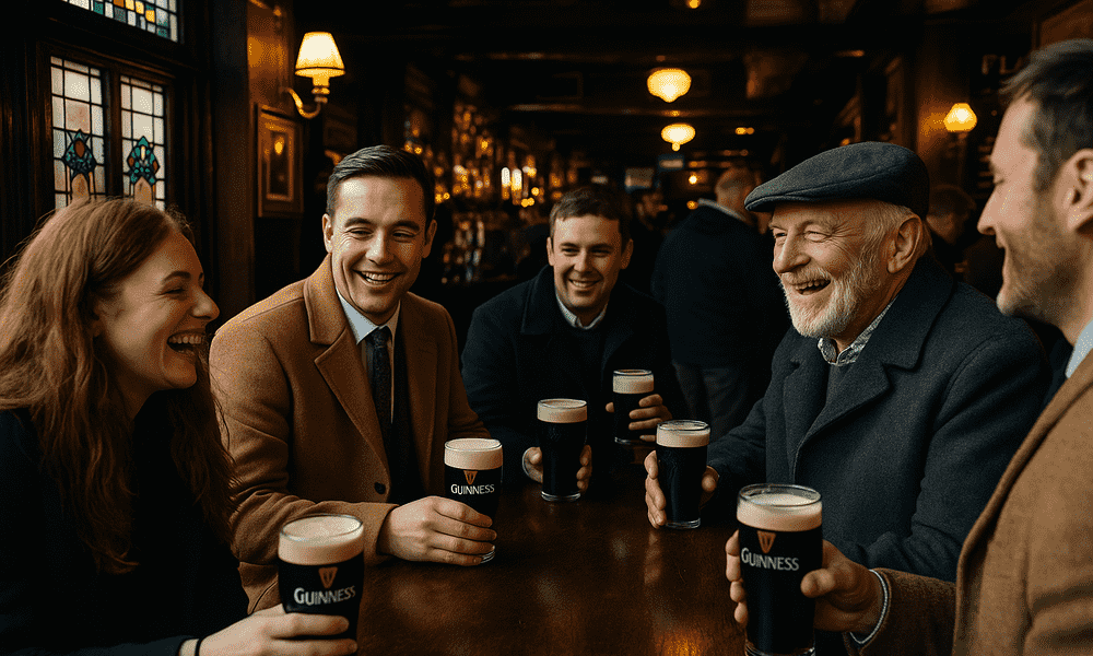 People enjoying pints of Guinness in a traditional English pub during Cheltenham Festival week