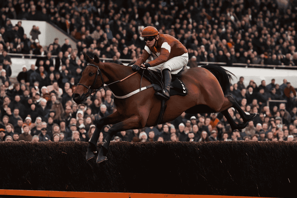 Racehorse and jockey jumping a steeplechase fence in front of the Kempton grandstand, illustrating the style and pace typical of King George VI Chase contenders