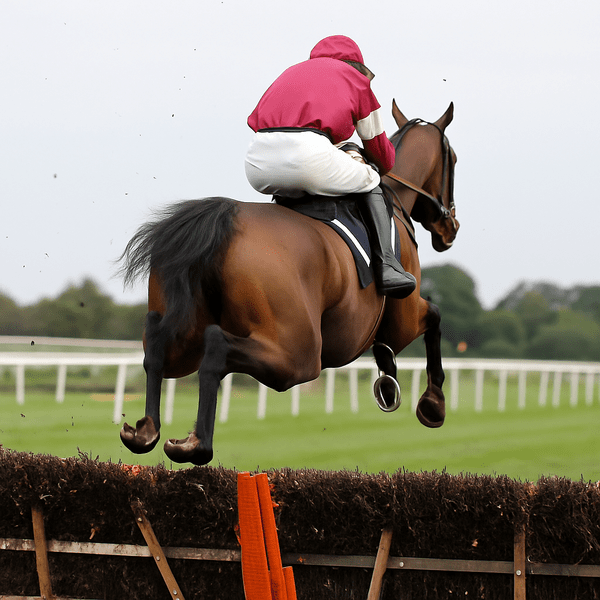 Rear view of a racehorse and jockey jumping a steeplechase fence, capturing the power and style typical of King George VI Chase contenders