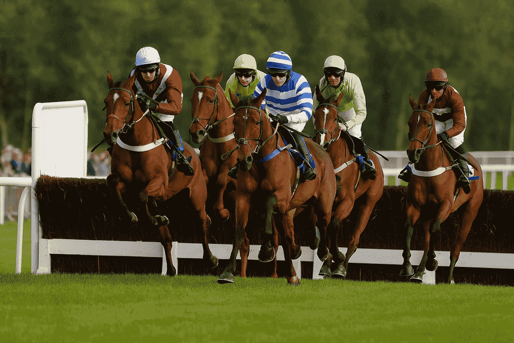 Several racehorses and jockeys approaching a steeplechase fence, showing the pace and style typical of King George VI Chase contenders