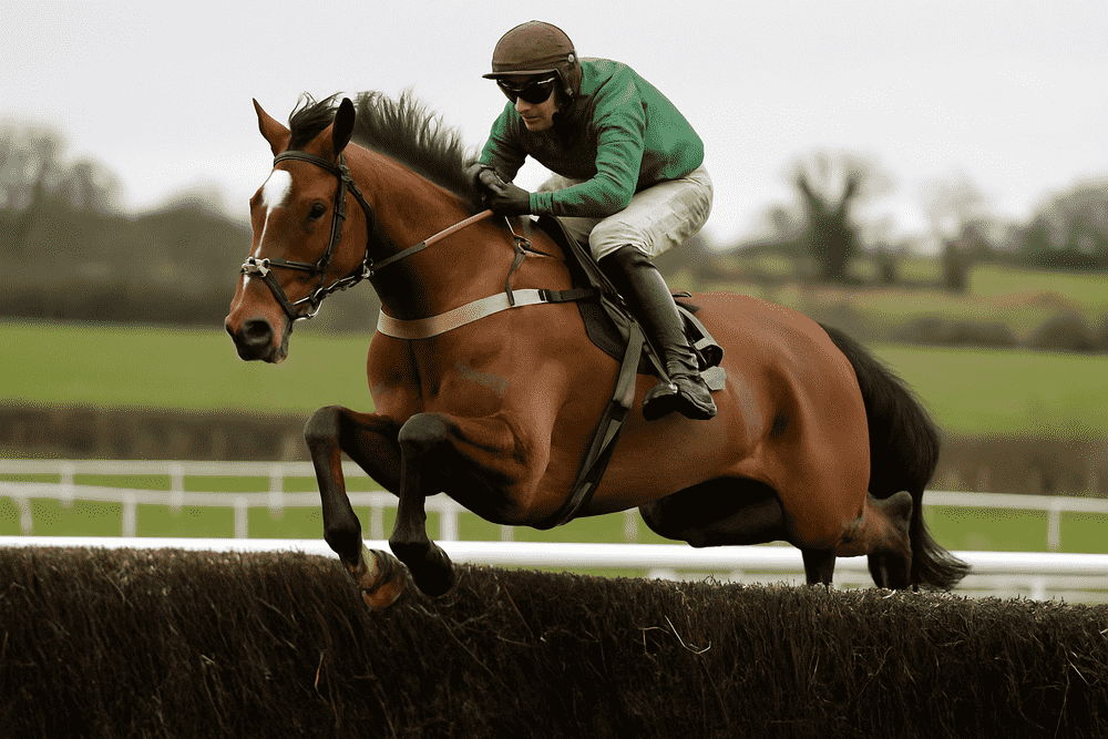 Racehorse jumping a steeplechase fence during a winter National Hunt meeting, ideal imagery for a Venetia Williams stable tour analysis