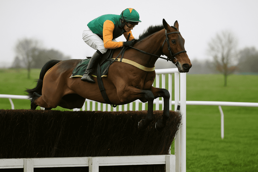 Racehorse and jockey taking off before a steeplechase fence during a winter National Hunt meeting, ideal imagery for a Venetia Williams stable tour