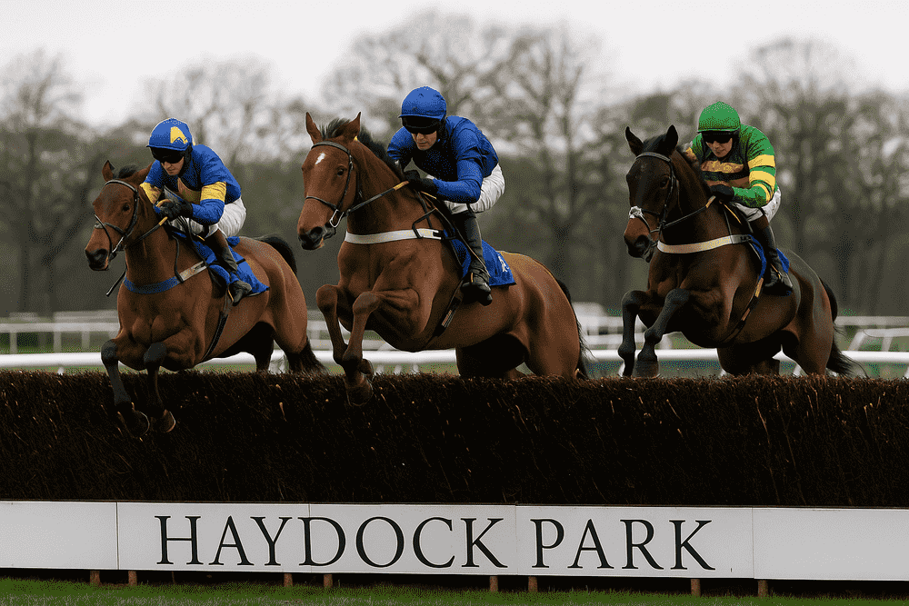 Three steeplechase horses jumping a fence at Haydock Park during a winter National Hunt meeting, ideal imagery for analysing Venetia Williams’ winter runners