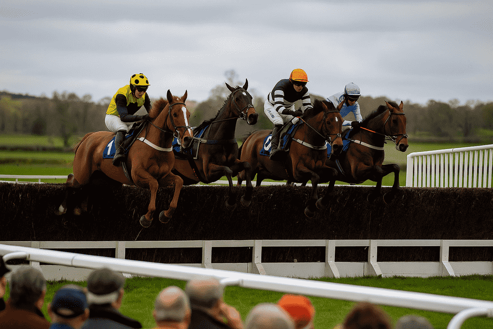 Three steeplechase horses jumping a fence in front of spectators during a winter National Hunt race — ideal scene for a Venetia Williams stable tour article