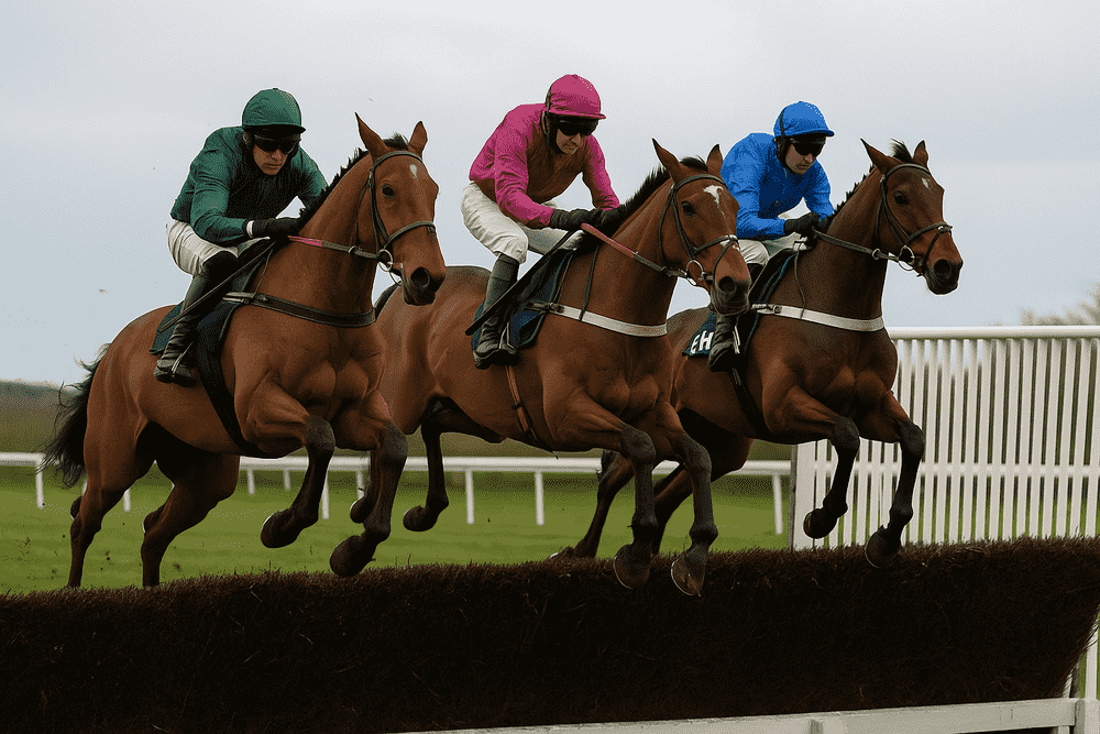 Three horses jumping a hurdle during a National Hunt race, typical of the type of races analysed in the Venetia Williams trainer stats
