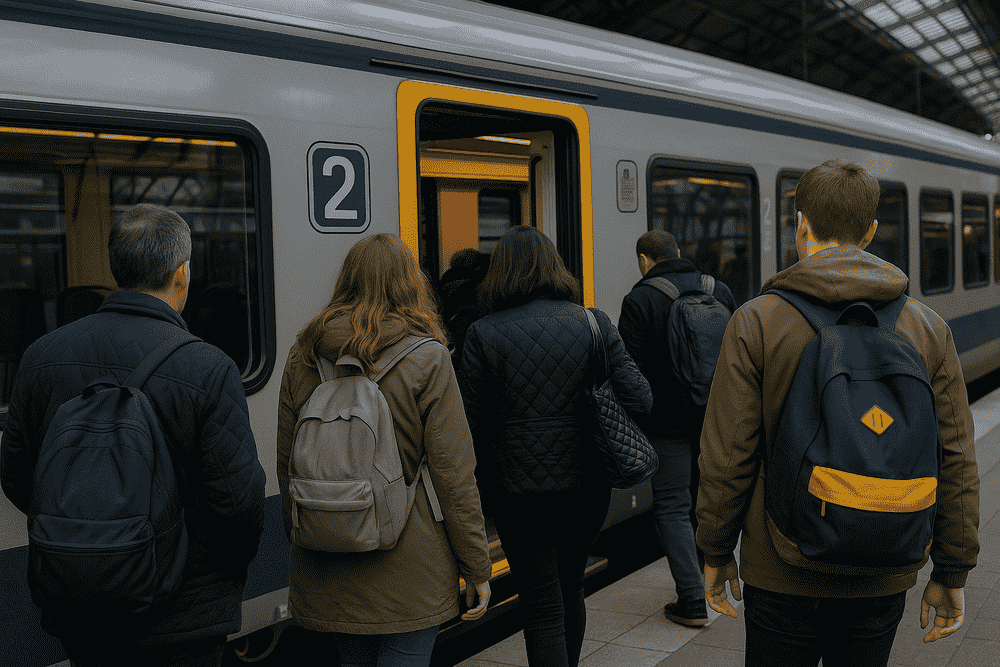 Passengers boarding a train, illustrating one of the main travel routes to Cheltenham Festival 2026