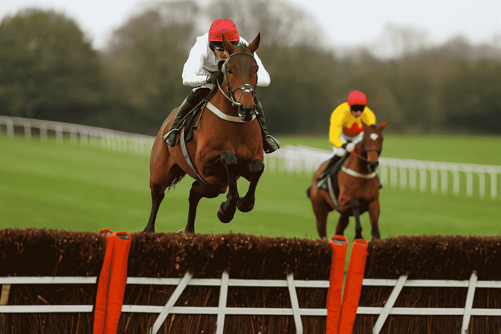 Leading horse jumping a hurdle with another runner following behind during a National Hunt race, reflecting the type of scenarios analysed in the Venetia Williams trainer stats