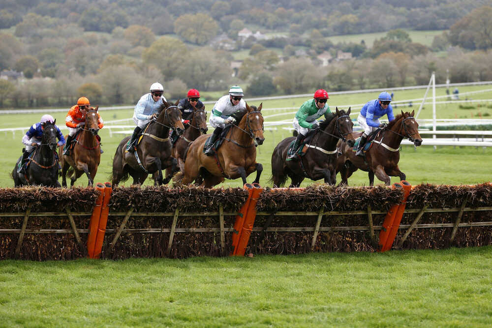 Horses jumping a fence during a steeplechase race at Cheltenham Racecourse during the Cheltenham Festival