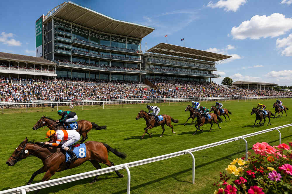 Horses and jockeys racing in front of the grandstands at York Racecourse during a competitive flat race ahead of the Ebor Handicap 2026.