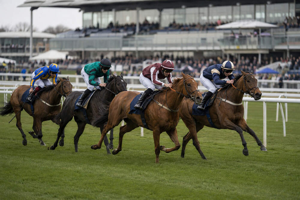 Four racehorses and jockeys competing on the turf at Doncaster Racecourse with the grandstand in the background.