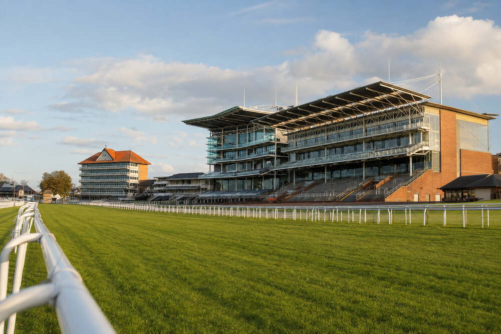 View of York Racecourse grandstands and turf track ahead of the Ebor Handicap 2026.