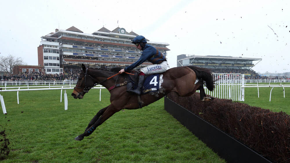 Djelo, trained by Venetia Williams, jumping a fence during a National Hunt race.