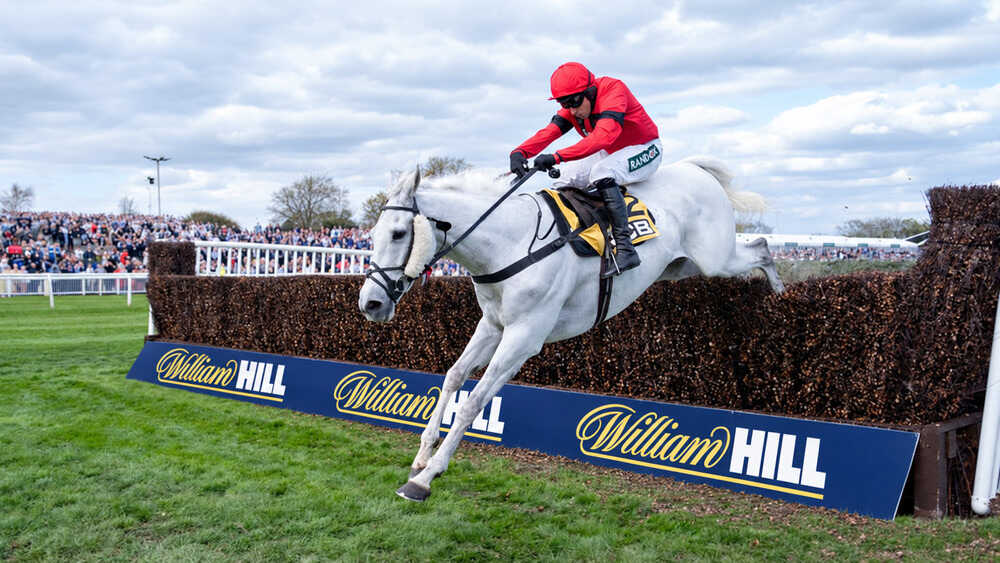 Grey Dawning clearing a fence under a jockey in red silks during a National Hunt race.
