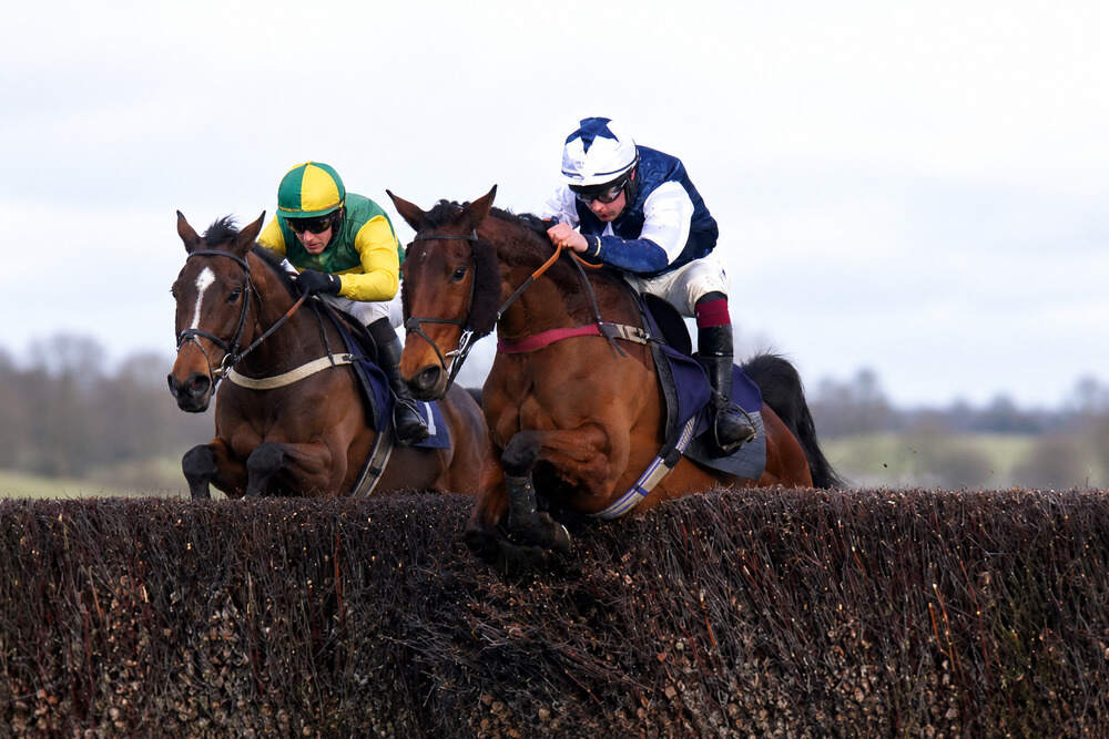 Martator, trained by Venetia Williams, jumping alongside another horse during a National Hunt race