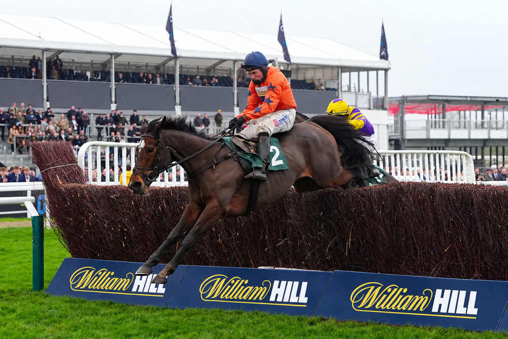 Panic Attack jumping a fence under a jockey in orange silks during a National Hunt race.